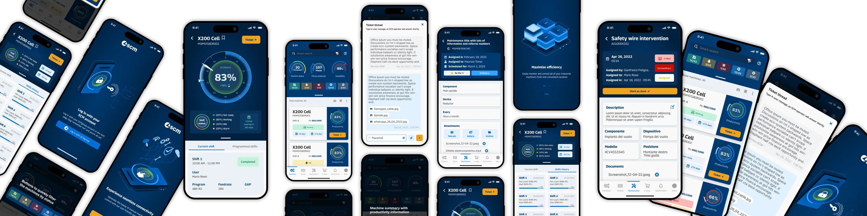 The Maestro Connect mobile companion — machine status, productivity and availability dials, shift history, maintenance procedures and the ticket thread, shown across a spread of phone screens