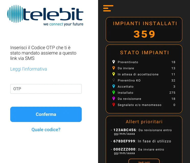 Two mobile screens side by side. Left: a bright blue green pass verification page offering a choice between scanning a QR code and uploading a file. Right: a near-black installation dashboard with an orange count of 359 installed plants and a list of eight lifecycle states, each with a coloured pin.