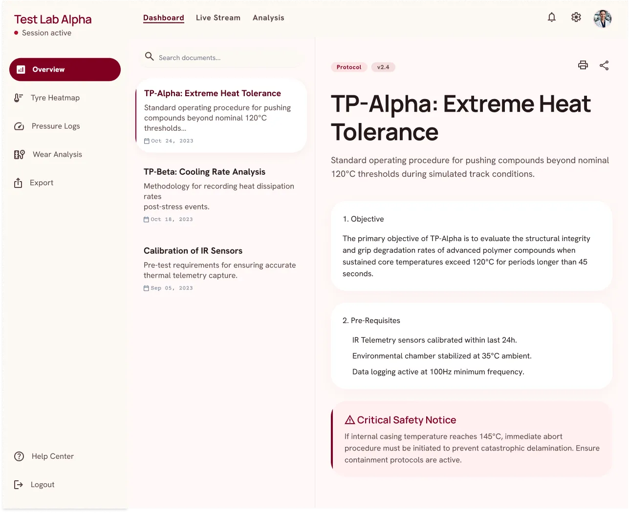 Demonstration screen — a procedure library: a searchable list of standard operating procedures beside the open document, showing its objective, its pre-requisites, and a critical safety notice