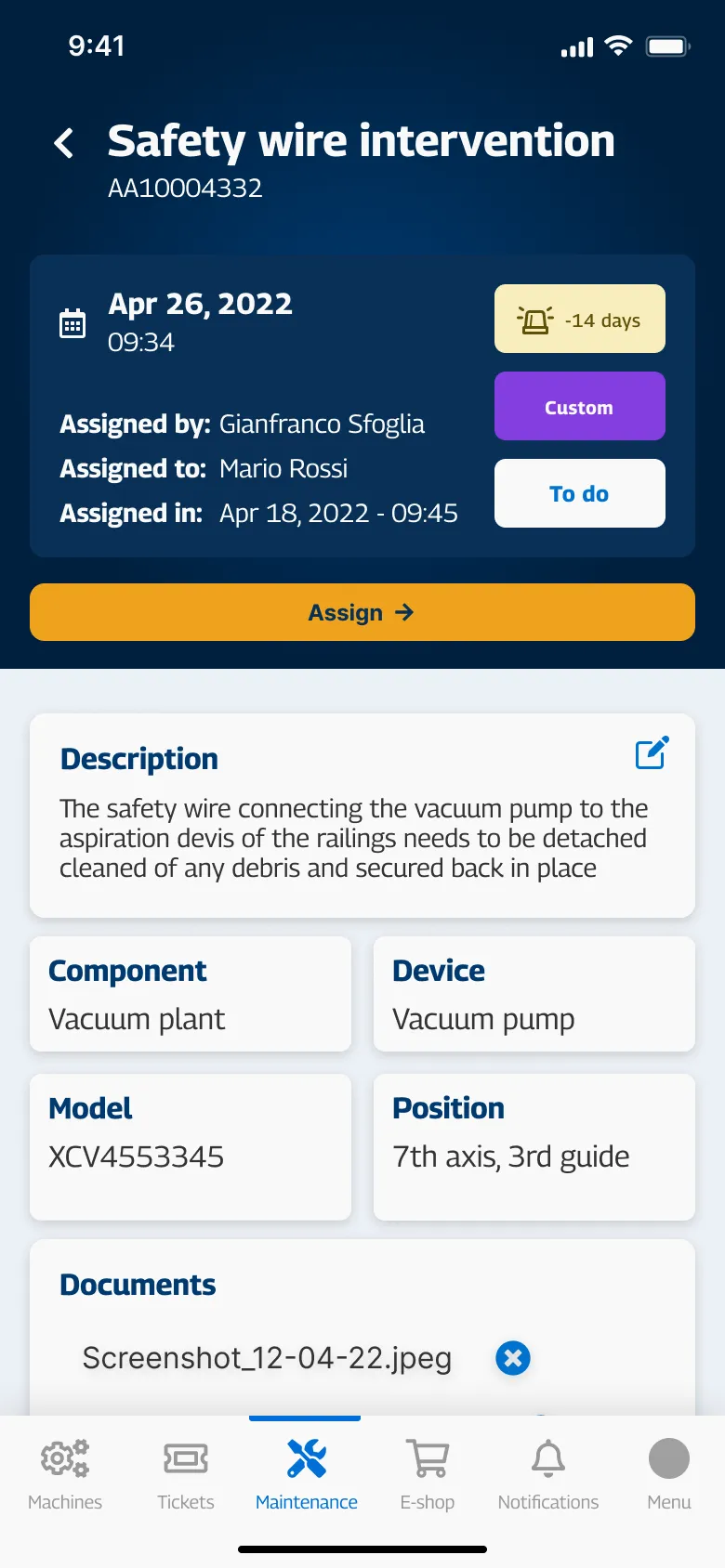 Companion app, a maintenance intervention — schedule, assignee, component, device, model and position on the machine
