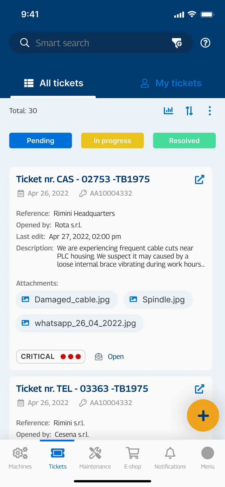 Companion app, tickets — pending, in progress and resolved, each ticket with its reference, attachments and severity